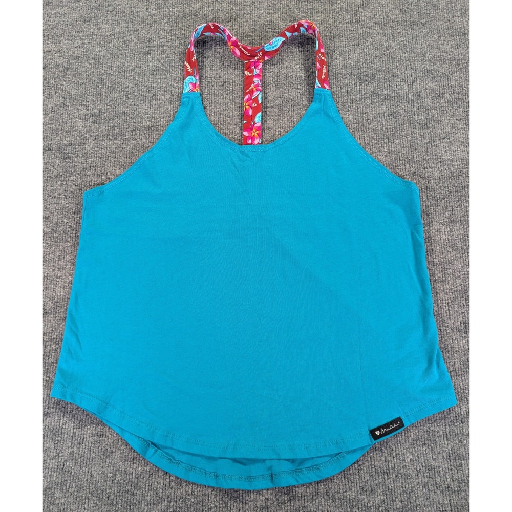Mahiku Hawaii Womens Large Turquoise Blue Floral Racerback Cotton Tank Top USA